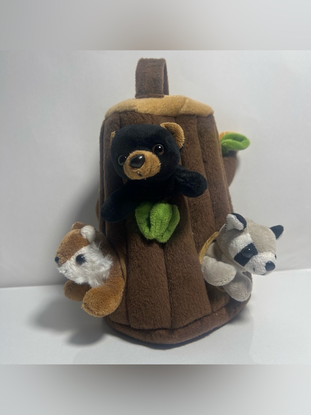 Unipak Small Plush Animal Lot Bear Raccoon Squirrel w/ Tree Stump Playhouse